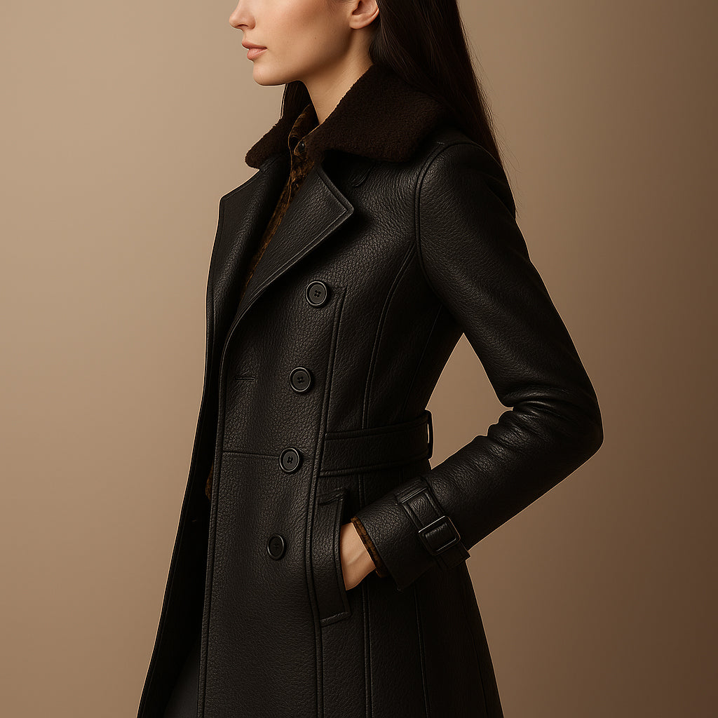 Corinne Women Elegant Leather Coat Timeless & Versatile